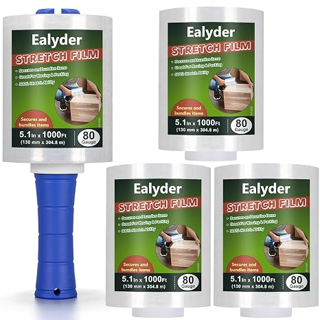 4 Rollen Mini Stretchfolie 130mm x 3048m Transparent Reißfest mit Griff