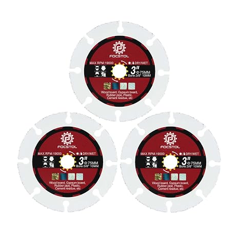 FOCSTOL Carbide Wood Cutting Disc - 3pcs 3''(75mm) Vacuum Brazed Saw Blade for Wood Rubber Plastic for Angle Grinder Arbor 3/8''(10mm)