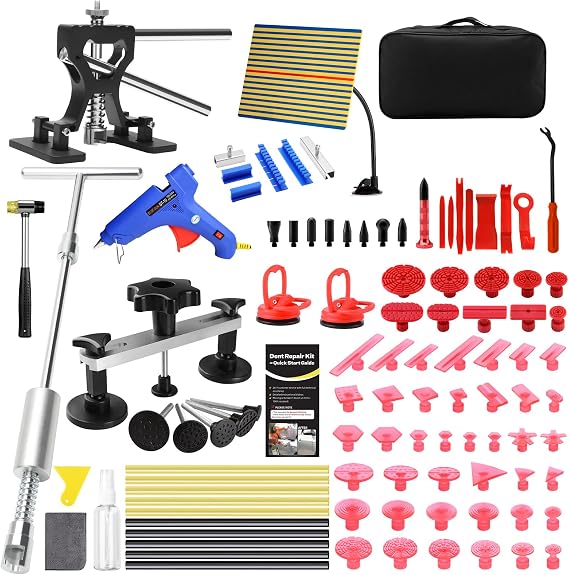 Dent Puller Kit for Car Dent Repair with Dent Reflect Line Board, Lightweight Dent Lifter, Rubber Hammer & Trim Removal Tools Set, Paintless Dent Removal for Auto Body Hail Damge Door Dings