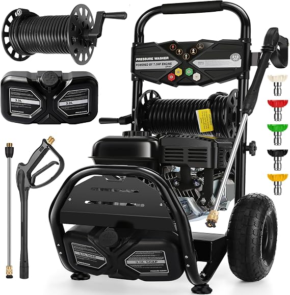 Professional 4000PSI Gas Pressure Washer, 4GPM 212CC 7.0 HP 10" Wheels Commercial Gas Power Washer with 3L Foam Bottle 5 Nozzles 32FT Hose for Home Car Fence Driveway (EPA/CARB/ETL Compliant), Black