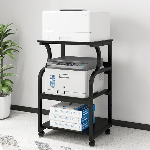 Puncia 3-Level Printer Table Height Adjustable 50 x 40 cm Printer Stand Mobile Printer Holder with Wheels Wooden & Metal Printing Trolley for Large Printer for Study Office Office Black