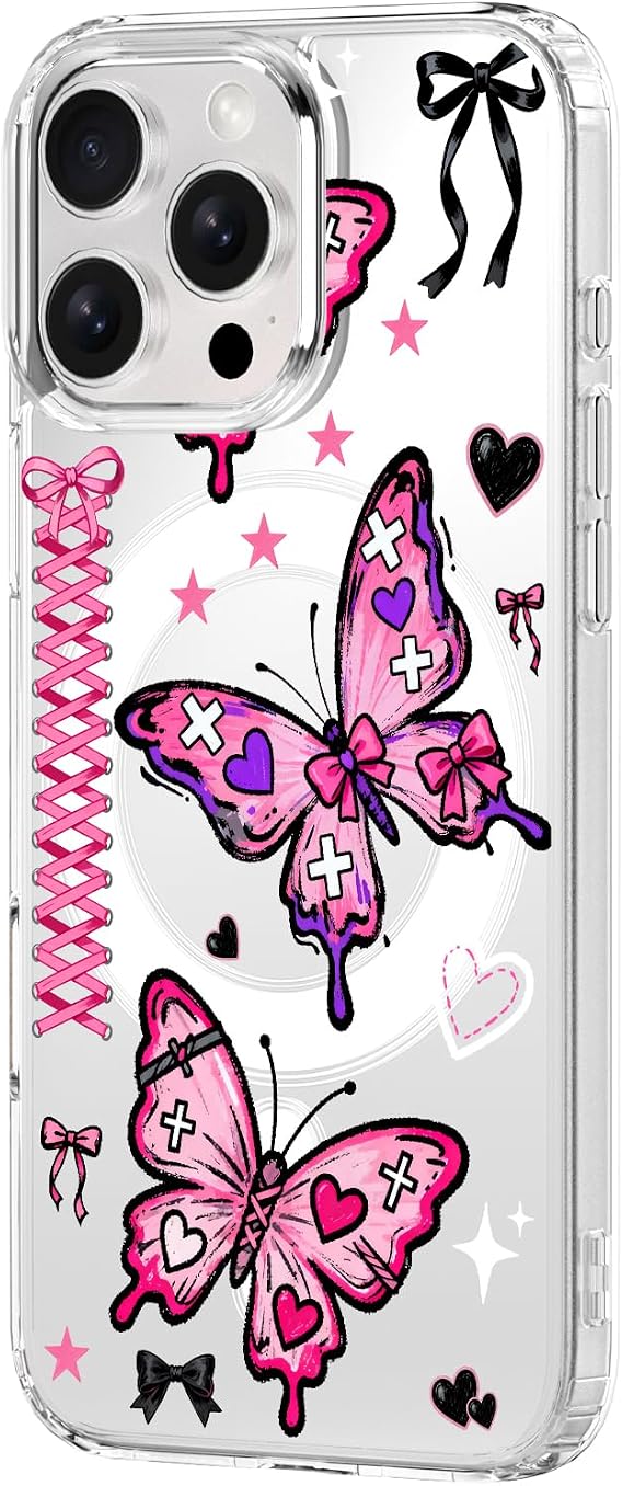 レトロ オリジナル Y2K ケース iPhone 16 Pro Max用 マグネット対応 ピンク 蝶 星 クリア 磁気電話ケース 女の子用 女性用 ソフト TPU ハードバック 耐衝撃保護ケース Apple 6.9インチ用