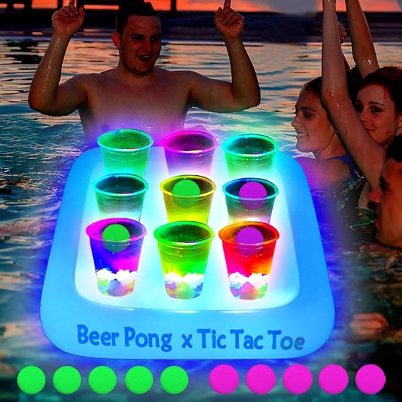 Ahuimeius 23 x 23 Inch Glowing Pool Party Rack Tic Tac Toe Floating Rafts, Swimming Pool Pong Party Game Drinking Game and Drink Holder, Includes 1 Rafts 9 Cups and 10 Pong Balls, Flashing Color 1