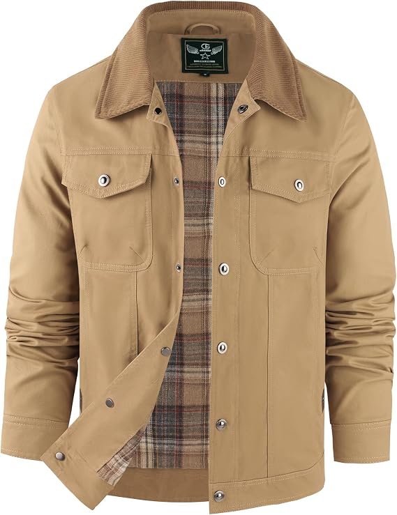 Flygo Mens Flannel Lined Shirt Jacket Cargo Trucker Shacket with Pockerts | Cotton, Corduroy Turn Down Collar, Snap Button, Transitional Warm Coat, Fall Winter Outfits, Work, Going Out, Holiday Gift
