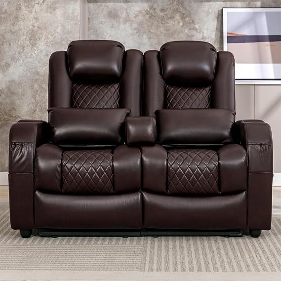 Loveseat Recliner, Recliner Sofa with Cup Holders and 2 Pillows, Wall Hugger Recliners & 135 Reclining Loveseat (Brown PU Leather Furniture)