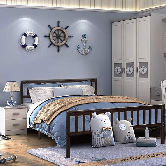 GIANTEX Queen Platform Bed Frame, Deluxe Solid Wood Bed Frame with Headboard and Footboard, Strong Wood Slats Support Mattress Foundation, No Box Spring Needed, Bed Frame Queen Size, Espresso