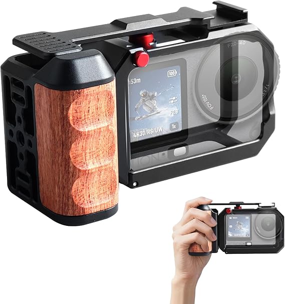 DJI OSMO Action 6対応 サイドハンドル付き縦型撮影カメラケージ スプリットタイプのケージとハンドグリップ シーソーシャッターエクステンダーバーと内蔵コールドシューマウント付き