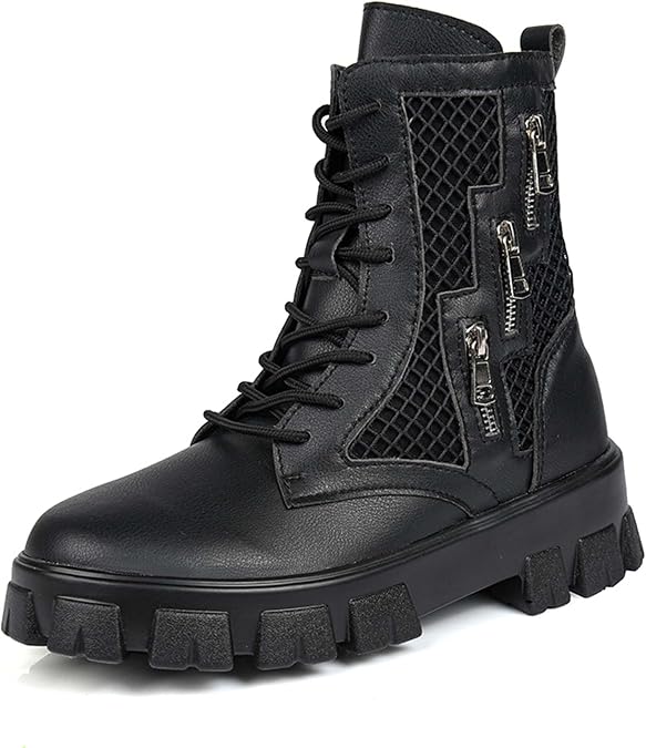 Men's Motorcycle Boots Comfortable Leather Combat Boots Men's Lace Up Side Hollow Out Breathable Bicycle Boots Men's Classic Casual Boots