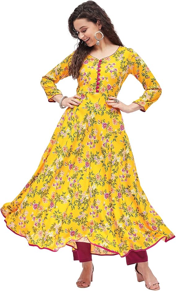 Tissu Women's Rayon Yellow & Rani Floral Printed A-Line Kurta