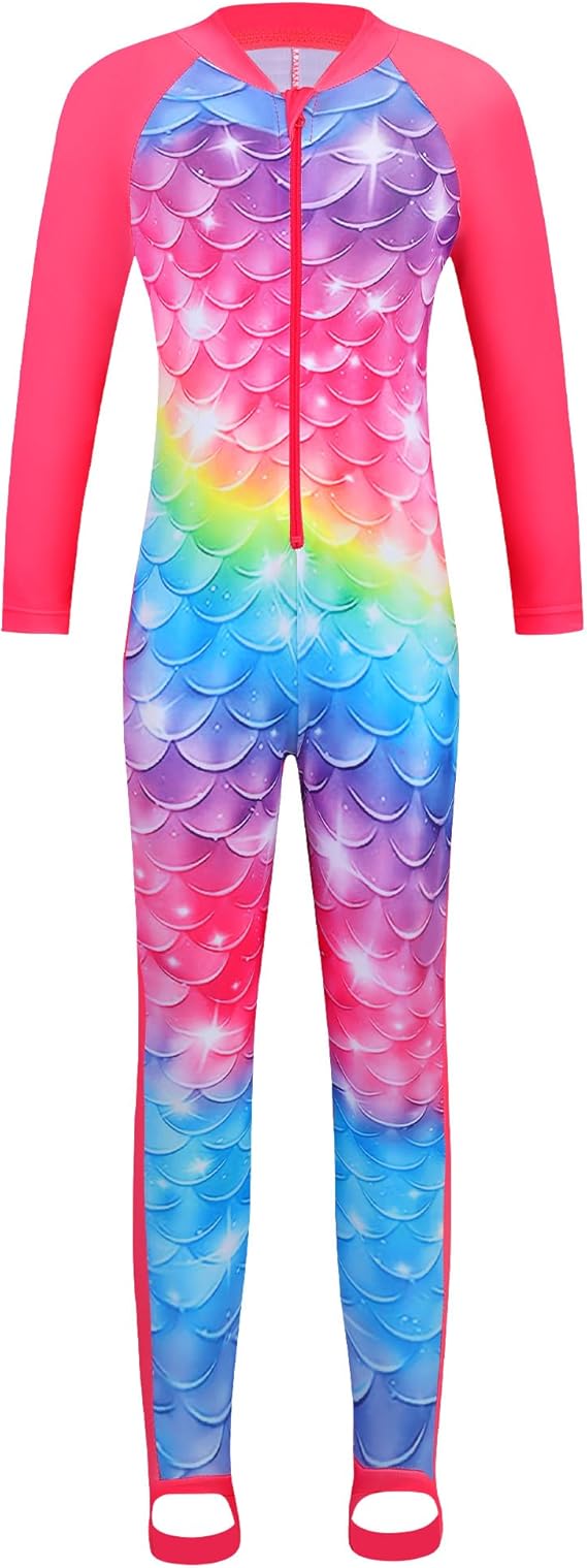TFJH E Girls Long Sleeve One Piece Swimsuit UPF 50+ Front Zipper Rash Guard Stirrup for Beach