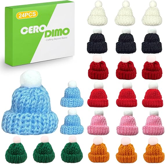 CeroDimo 24 PCS Mini Knitting Hats for Christmas Crafts, Tiny Knitted Hats, Mini Beanies, Small Tree Ornaments, DIY Art and Hair Accessories