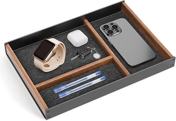 Wood Desk Tray, Drawer Organizer, Mens Valet Made of Aluminum and Walnut, Aesthetic Desk Accessories for Office Home Supplies Keys Pen Watch