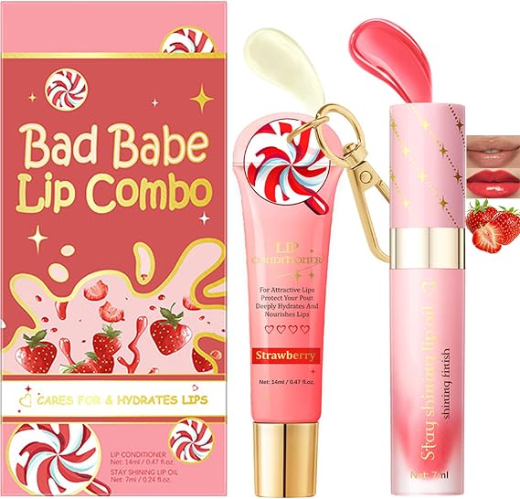 Strawberry Lip Conditioner & Lip Oil Set - Hydrating Gloss Balm Duo Kit with Sweet Strawberry Scent, Non-Sticky Balm and Oil for Dry (#3 Strawberry)