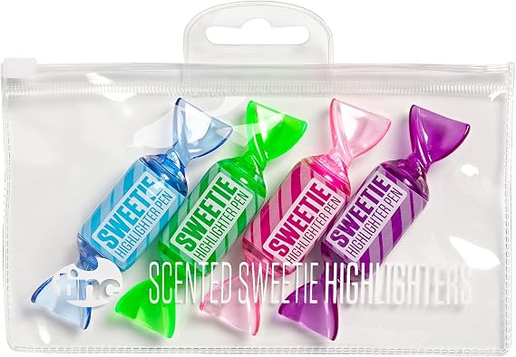 Tinc Sweetie Scented Highlighter Pens for Kids | For use at School & Homework - 4 Different Funky Colours with a Sweet Scent | Zip Loc Carry Case - Pack of 4