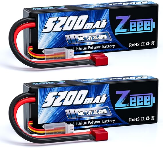 Zeee 7.4V Lipo Battery 2S 50C 5200mAh Hard Case with T Connector (2 Packs) | for RC Car Trucks 1/8 1/10 RC Vehicles Racing Hobby