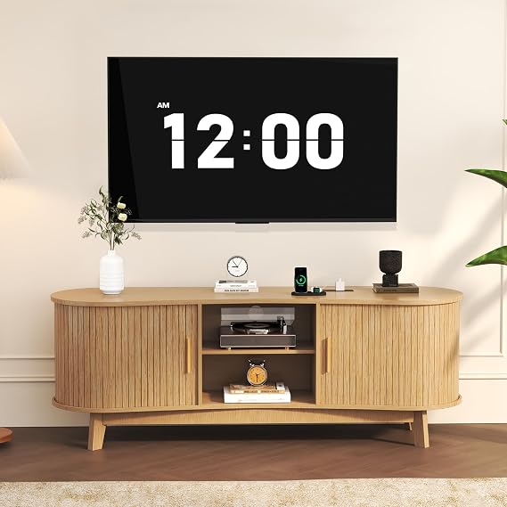 Mid Century Modern TV Stand for 65 Inch TVs, Fluted TV Stands with Open Shelves and Sliding Door, Media Cabinet with Power Outlet, Entertainment Center with Storage for Living Room, Natural