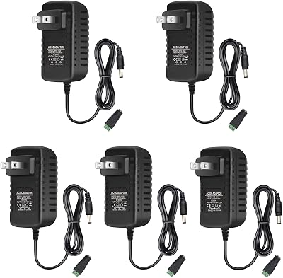 12V LED Power Supply, DC 12 Volt 2A 24W Power Supply, 100-240V AC to 12V DC Transformer, Wall Plug Power Adapter for LED Strip Lights, 5.52.1mm Jack Converter 5 Pack
