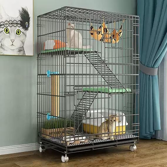3/4-Tier Collapsible Cat Cage with 360Caster Wheels, Cat Enclosure Indoor with Platforms and Ladder, DIY Cat Playpen with Tray, Detachable Metal Wire Kennels Crate(Black,24x17x38/60x42x96cm)