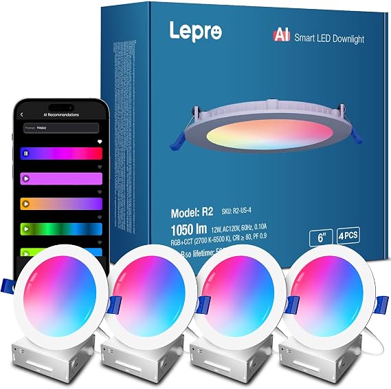 Lepro R2 AI Smart LED Recessed Lighting 6 Inch, 1050LM Canless Downlight | Alexa & Google Compatible, RGBCW Ceiling Lights for Bedroom, APP Control, AI Lighting Designer, 2.4G WiFi, Bluetooth, 4-Pack