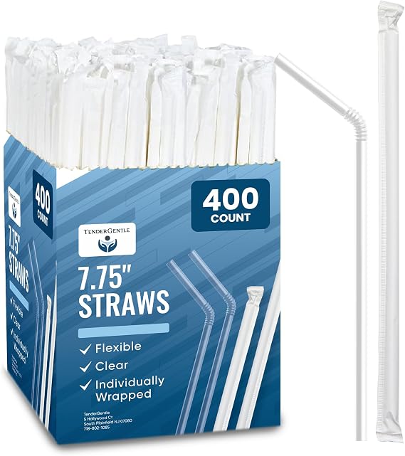 Clear Plastic Straws, Disposable - 400 Bendy Drinking Straws - 7.75" and Individually Wrapped - for Smoothies, Coffee, Alcohol, Juice, and More