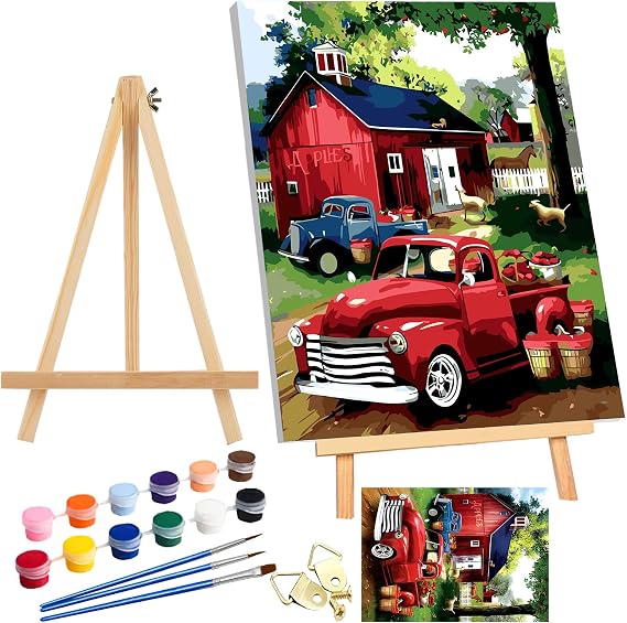 SENQAO Red Truck Paint by Number for Adults Framed Canvas, DIY Arts and Crafts for Adults Beginner with Wooden Easel, Paint Brushes, Acrylic Paint Set for Home Wall Decor 12x16inch