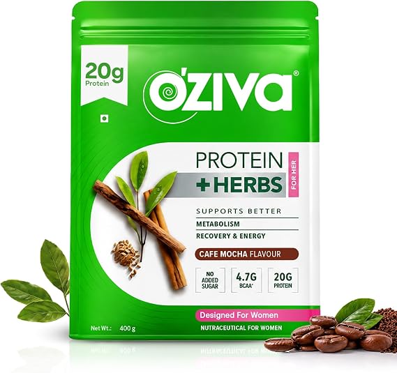 OZiva Protein & Herbs, Women with Multivitamins, Curcumin, Shatavari, Tulsi for Improved Metabolism, Hormonal Balance & Skin, Hair Health, 1.1 lbs, Cafe Mocha. Soy Free, Gluten Free, Non GMO