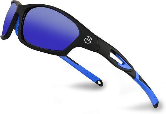 Polarized Sports Sunglasses for Men & Women | UV Protection Mirrored Polarized Lenses, Adjustable Nose Pad, Unbreakable | Fishing, Baseball, Cycling, Golf Running Sunglasses | Hard Zipper Case | Blue