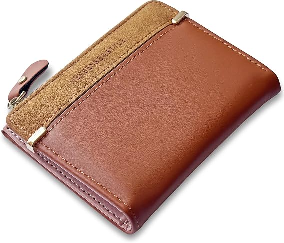 Leather Wallet PU Small Purses for Women, Bifold Card Holder Small Ladies Purse with Zipper Coin Pocket, Women's Wallets for Cash, Cion, Card, Bill (Brown)