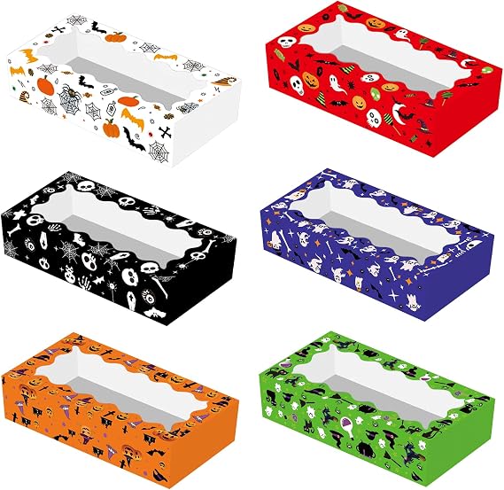 24 Pcs Halloween Treat Boxes, Trick or Treat Candy Boxes with Window Halloween Party Favors Gift Goodie Boxes Supplies for Cookie Biscuit Donuts Dessert Cupcake Pie