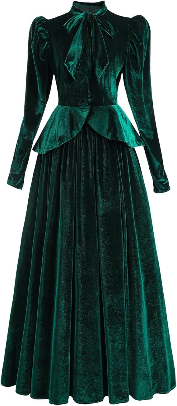 Velvet Victorian Dress for Women Black 2-Piece 1800s Edwardian Dresses Costume with Pockets