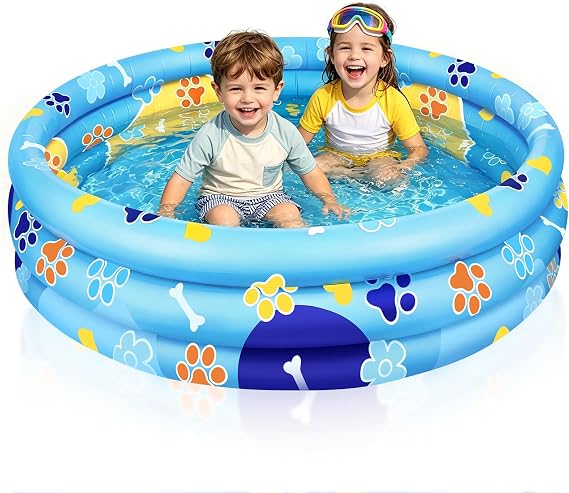 3 Rings Blue Dog Paw Print Inflatable Kiddie Pool 4ft Small Baby Pool