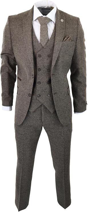 Mens Wool 3 Piece Suit Double Breast Waistcoat Tweed Blinders Classic 1920s Oak