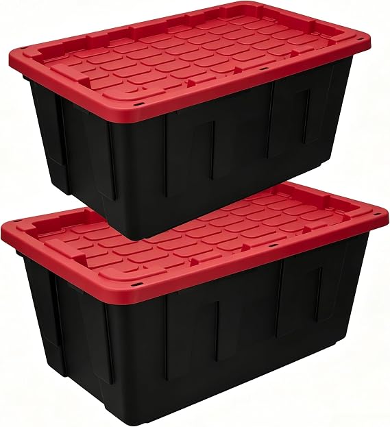 2 Pack 40 Gallon Extra Large Storage Bin with Snap Lid, Heavy Duty Plastic Storage Container,Lidded Storage Bin,Black and Red