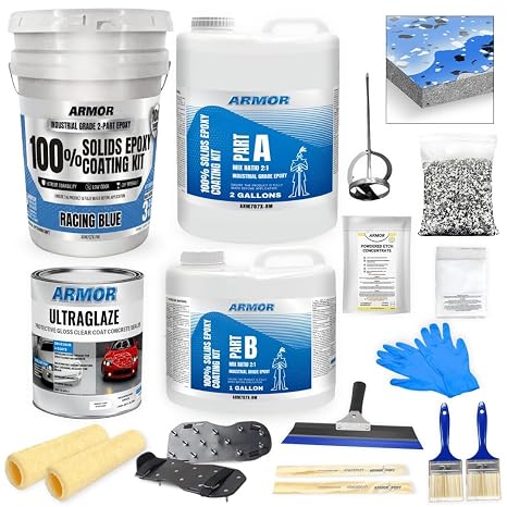 ArmorPoxy Garage Epoxy Floor Kit 100% Solids - 2 Part Industrial-Grade Coating w/UltraGlaze Topcoat | DIY Slip & Hot Tire Resistant | 600 Sq Ft - Racing Blue - 17 pc kit