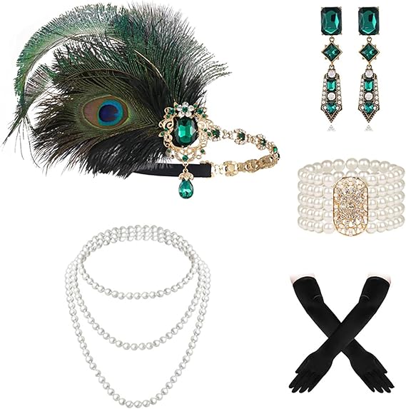 Great Gatsby Accessories for Women:5Pcs 1920s Flapper Accessories Set with Feather Headpiece,Pearl Necklace,Bracelet,Earrings&Gloves|1920s Headpiece for Women|Harlem Nights Accessorie