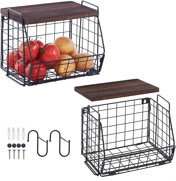 Wall Hanging Baskets 2 Pack Wooden Top Floating Wire Shelves (Large)