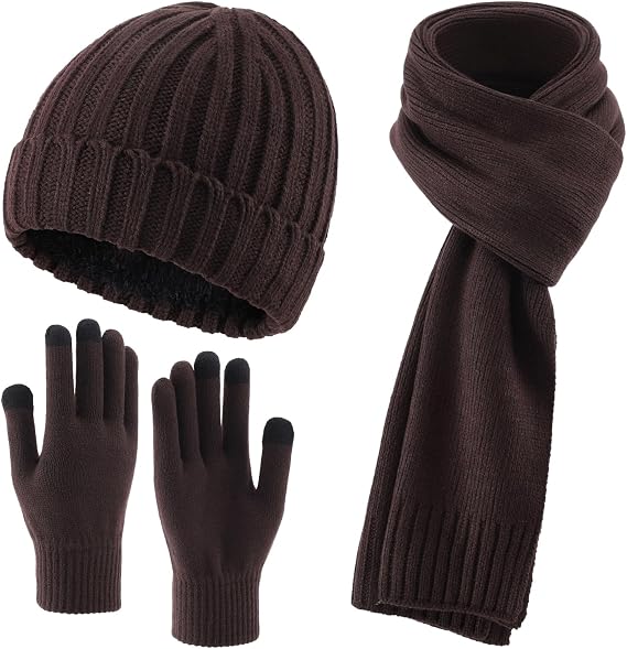3 PCS Fleece Lined Cold Weather Set, Warm Winter Beanie Hat, Long Scarf and Touchscreen Gloves for Men & Women