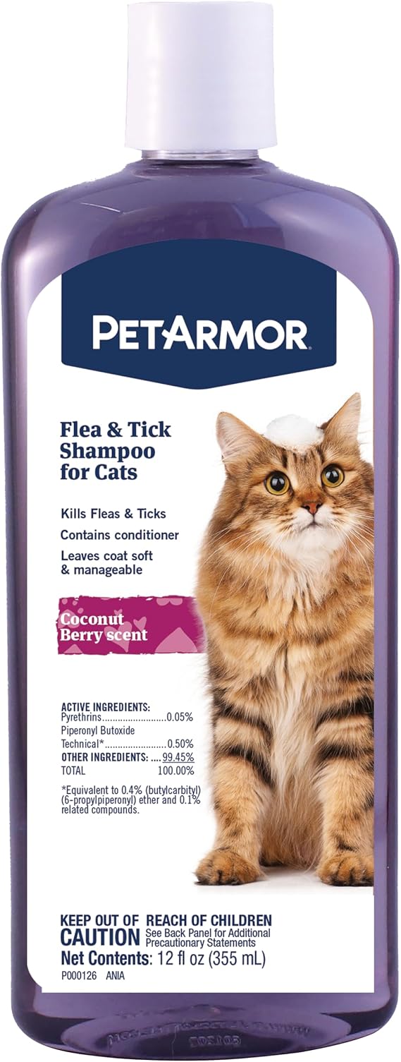PetArmor Flea & Tick Shampoo Cats, Kills in 24hrs, Coconut Berry, 12oz | Ideal for Cats & Kittens 12 Weeks+; Conditions & Deodorizes; no Rx needed; Quick-Kill Cat Flea Shampoo