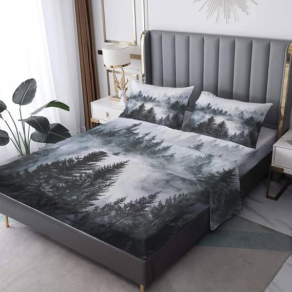 Misty Forest Sheets King Size, Tree Nature Scenery Sheet Set, Landscape Bed Sheets - 12 Inch Deep Pocket, Ultra Soft Winkle Free Microfiber Bedding Sheets & Pillowcases 4 Piece