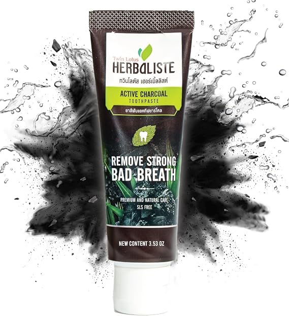 Twin Lotus Charcoal Toothpaste - Fluoride-Free, Natural Whitening with Coconut Shell Powder - Black Toothpaste Gentle Effective, 3.52oz