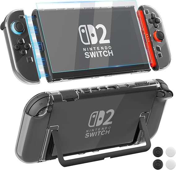 [Easy Docking Version] GLDRAM Clear Case for Nintendo Switch 2 (2025), Dockable Hard Shell PC Protective Skin Cover with Screen Protector & 4 Thumb Grip Caps