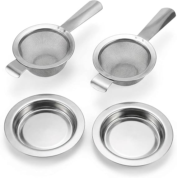 Tea Strainer Fine Mesh Stainless Steel, 4-Piece Set for Loose Tea and Coffee, Long Handle Tea Sieve Strainer with Drip Bowl, 13.7 cm Length 5.5 cm Base for Kitchen Use and Gifting