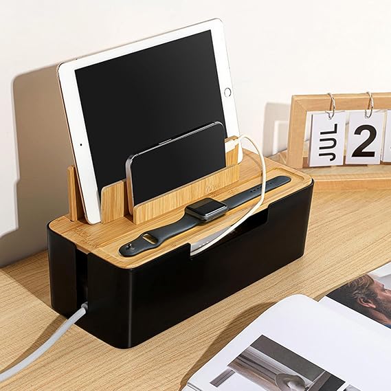 Catekro Cable Management Box with Bamboo Lid Cell Phone Tablet Holder Plug Data Cable Storage Charging Organizer Charger Cord Box for Home and Office Electrical Plug Storage(Black)