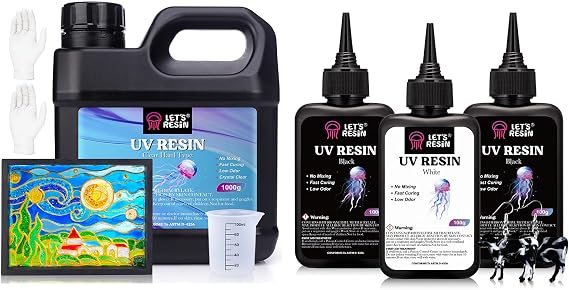 LET'S RESIN 300g Large Capacity White& Black UV Resin and 1,000g Crystal Clear UV Resin Hard