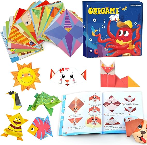 Origami Kit, 108 Sheets DIY Origami Kit Kids Paper Crafts 3D Cartoon Shaped Origamis with 84 Page Guiding Book Paper Toy DIY Art and Craft Handmade Desk Decoration Ideal Gift for Childs Boys Girls