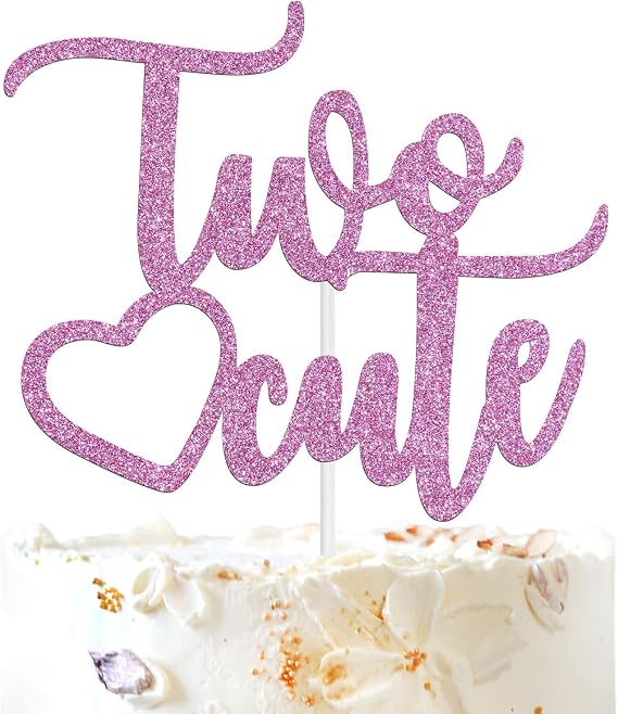 Pink Glitter Two Cute Cake Topper, Happy 2nd Birthday Party Decorations Supplies for Girl