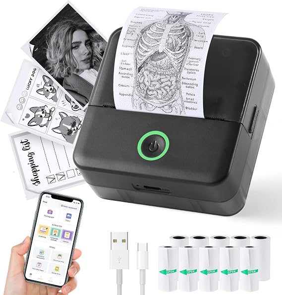 cudinham Mini Sticker Printer, X6 Print Pod with 10 Rolls Thermal Paper | Bluetooth Pocket Printer Sticker Maker for Phone, Impresora Portatil for Gifts, DIY, Journaling Supplies, Photos (Black)