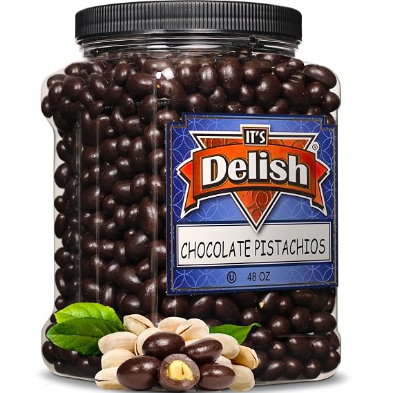 Dark Chocolate Covered Pistachio by It's Delish, 48 OZ Jumbo Container | Chocolate Candy Nuts Bulk Pistachios Chocolates Sweet & Crunchy Nut Snack | Vegan, Kosher