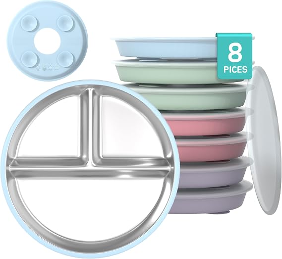 Suction Toddler Plates Set with Lids - Divided Stainless Steel Kids Plates with Dividers Silicone Baby Dishes 7.8 inch (8 Pack Sets)
