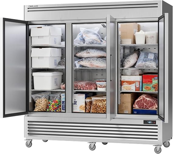 Coolake 82" Commercial Reach-in Freezer 3 Solid Doors, 72 Cu.ft Stainless Steel Fan Cooling Upright Freezer 12 Adjustable Shelves, Commercial Freezer for Restaurant Kitchen Grocery Store Prep Area